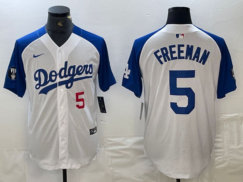 Men Los Angeles Dodgers 5 Freeman White blue Fashion Nike Game MLB Jersey style 3